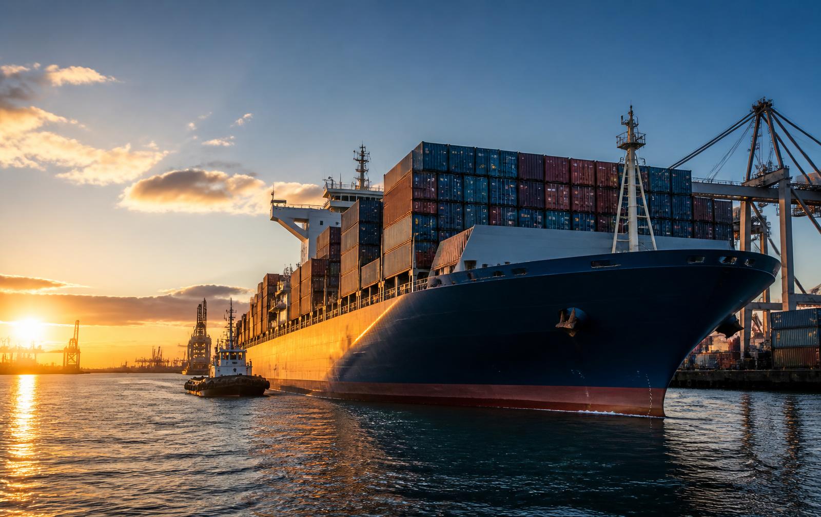 Container ship loading cargo at port